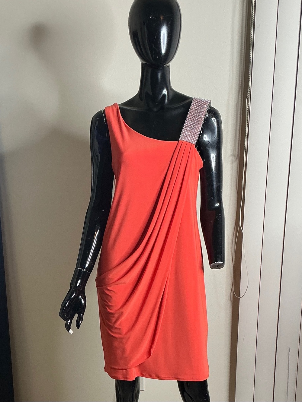 Scarlett Nite Coral One-Shoulder Draped Dress with Embellished Strap